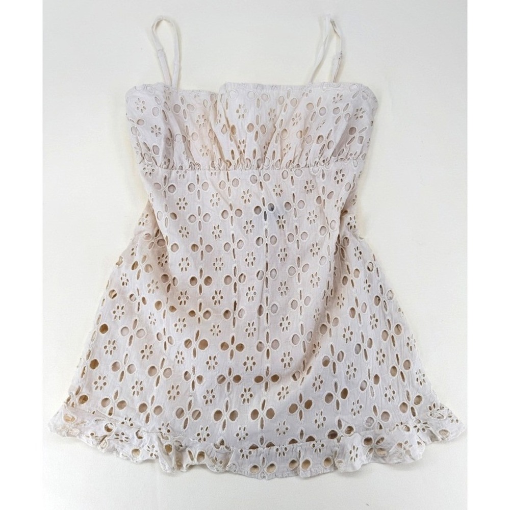 NEW Nasty Gal Broderie Strappy Frill Hem Mini Dress 12 Ecru Eyelet Cotton NWT